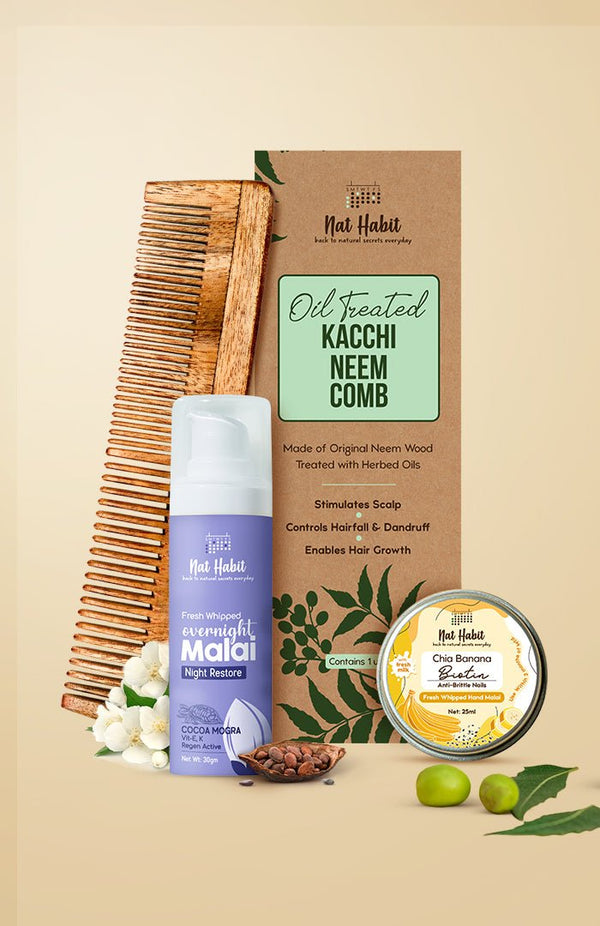 <strong>Dual Tooth Comb, Overnight Face Malai & Chia Banana Biotin Hand Malai Combo</strong> <br><i>Combo Pack of 3</i> - Nat Habit