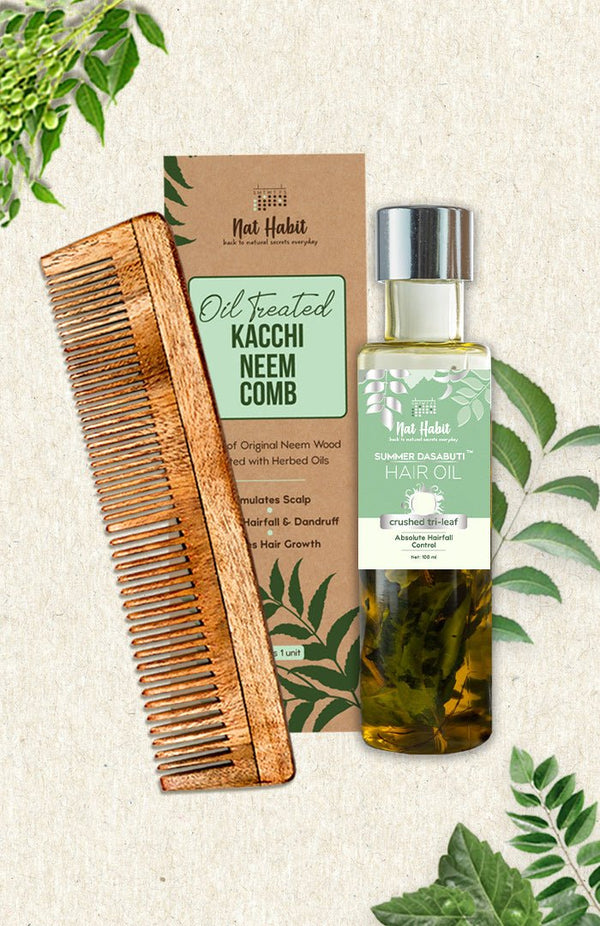 <strong>Dual Tooth Comb & TriLeaf DASABUTI Hair Oil</strong> <br><i>Combo for Hairfall Control</i> - Nat Habit