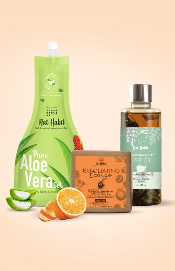 <strong>Exfoliating Orange Soap, Crushed Tri Leaf Hair Oil & Pure Aloe Gel Combo</strong> <br><i>Combo Pack of 3</i> - Nat Habit