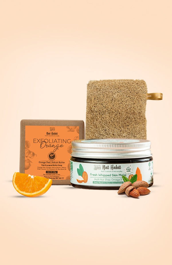 <strong>Exfoliating Orange Soap, Multi-Nut Skin Malai, & Loofah Combo</strong> <br><i>Combo Pack of 3</i> - Nat Habit