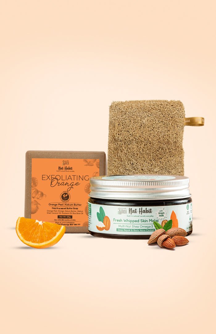 <strong>Exfoliating Orange Soap, Multi-Nut Skin Malai, & Loofah Combo</strong> <br><i>Combo Pack of 3</i> - Nat Habit
