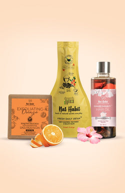 <strong>Exfoliating Orange Soap, Sweet Orange Ubtan & Hibiscus Amla Hair Oil Combo</strong> <br><i>Combo Pack of 3</i> - Nat Habit