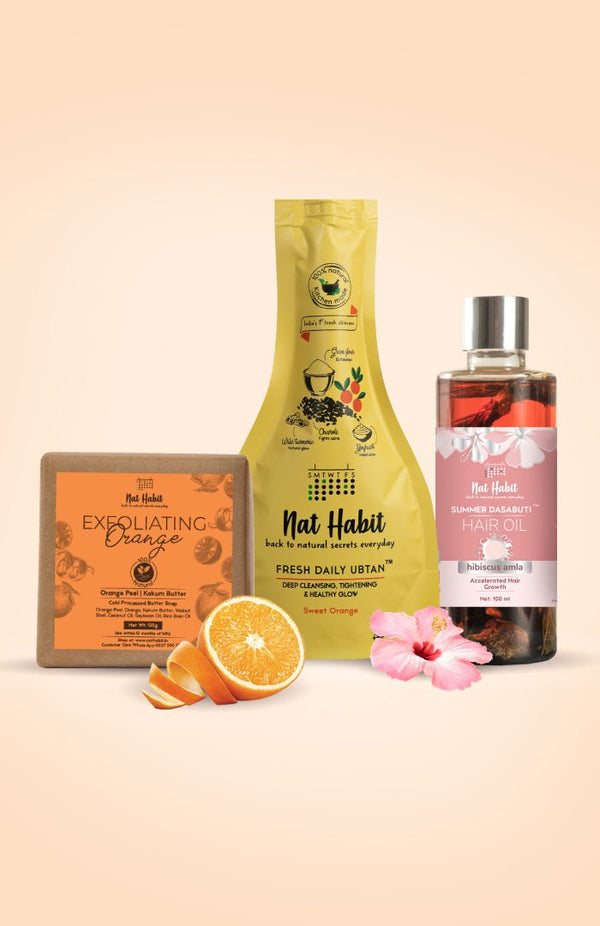 <strong>Exfoliating Orange Soap, Sweet Orange Ubtan & Hibiscus Amla Hair Oil Combo</strong> <br><i>Combo Pack of 3</i> - Nat Habit