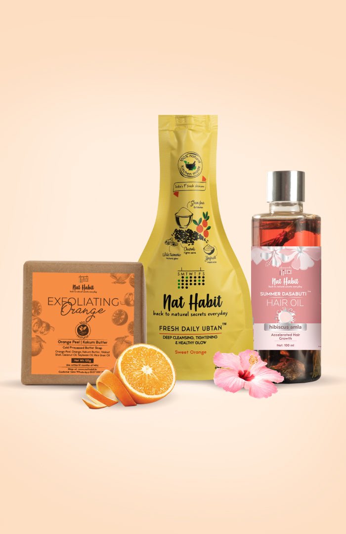 <strong>Exfoliating Orange Soap, Sweet Orange Ubtan & Hibiscus Amla Hair Oil Combo</strong> <br><i>Combo Pack of 3</i> - Nat Habit