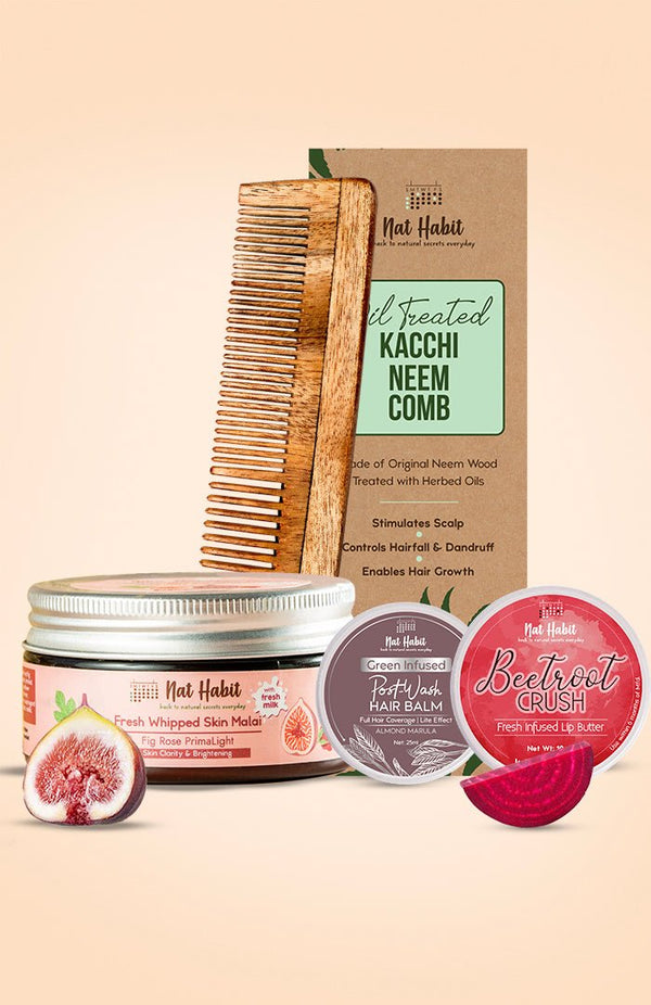 <strong>Fig Rose Skin Malai, Dual Tooth Comb, Almond Marula Hair Balm & Beetroot Crush Lip Butter Combo </strong> <br><i>Combo Pack of 4</i> - Nat Habit