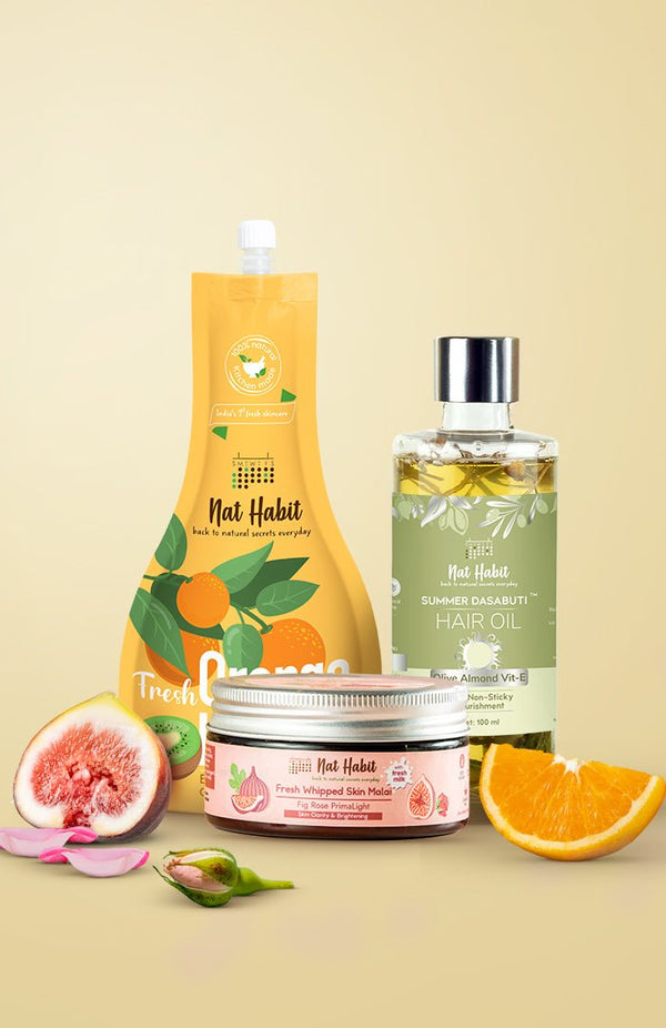 <strong>Fig Rose Skin Malai, Olive Almond Hair Oil & Orange Kiwi Vit-C Gel Combo</strong> <br><i>Combo Pack of 3</i> - Nat Habit