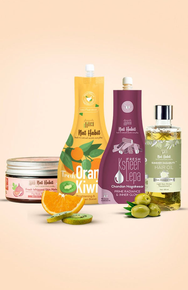 <strong>Fig Rose Skin Malai, Orange Kiwi Hydrating Gel, Chandan Nagakesar Lepa & Olive Almond Hair Oil Combo </strong> <br><i>Combo Pack of 4</i> - Nat Habit