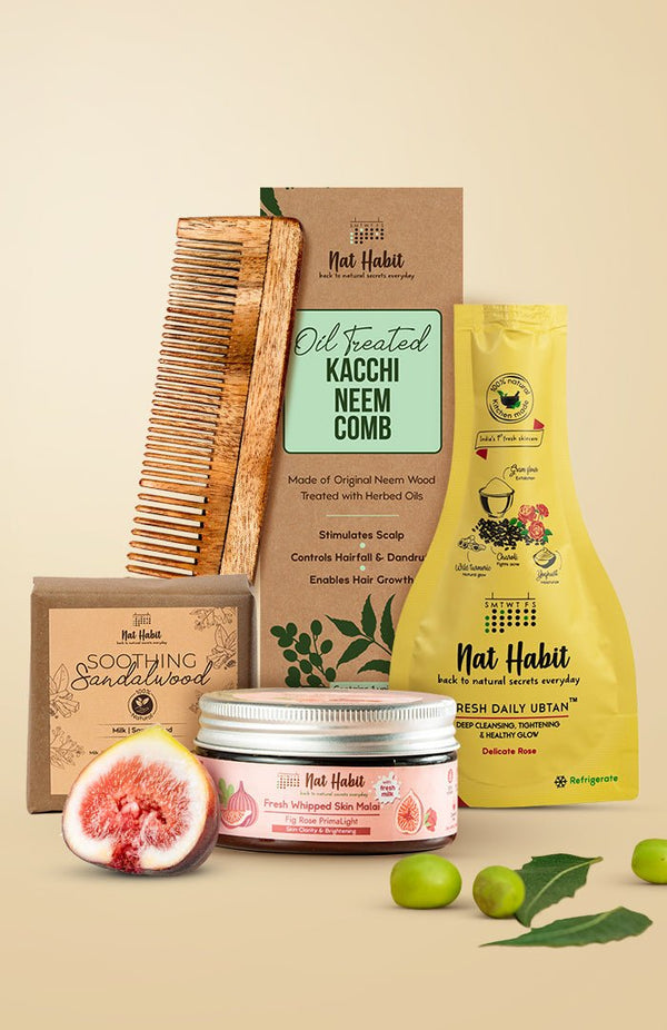 <strong>Fig Rose Skin Malai, Soothing Sandalwood Soap, Dual Tooth Comb & Delicate Rose UbtanCombo</strong> <br><i>Combo Pack of 4</i> - Nat Habit