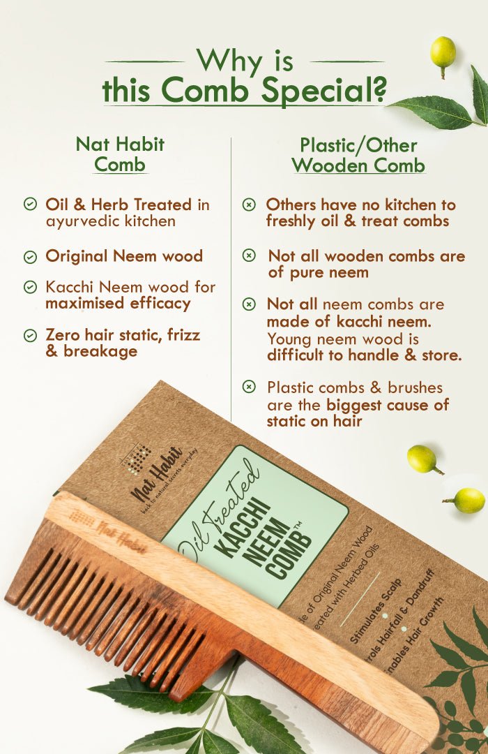 <strong>Fine Tooth Kacchi Neem Comb</strong> <br><i>Frizz Control & Shine</i> - Nat Habit