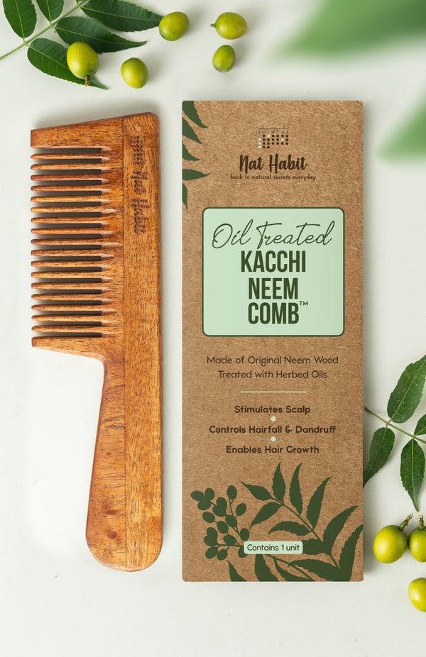 <strong>Fine Tooth Kacchi Neem Comb</strong> <br><i>Frizz Control & Shine</i> - Nat Habit