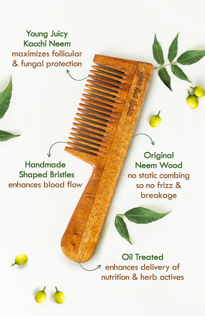 <strong>Fine Tooth Kacchi Neem Comb</strong> <br><i>Frizz Control & Shine</i> - Nat Habit
