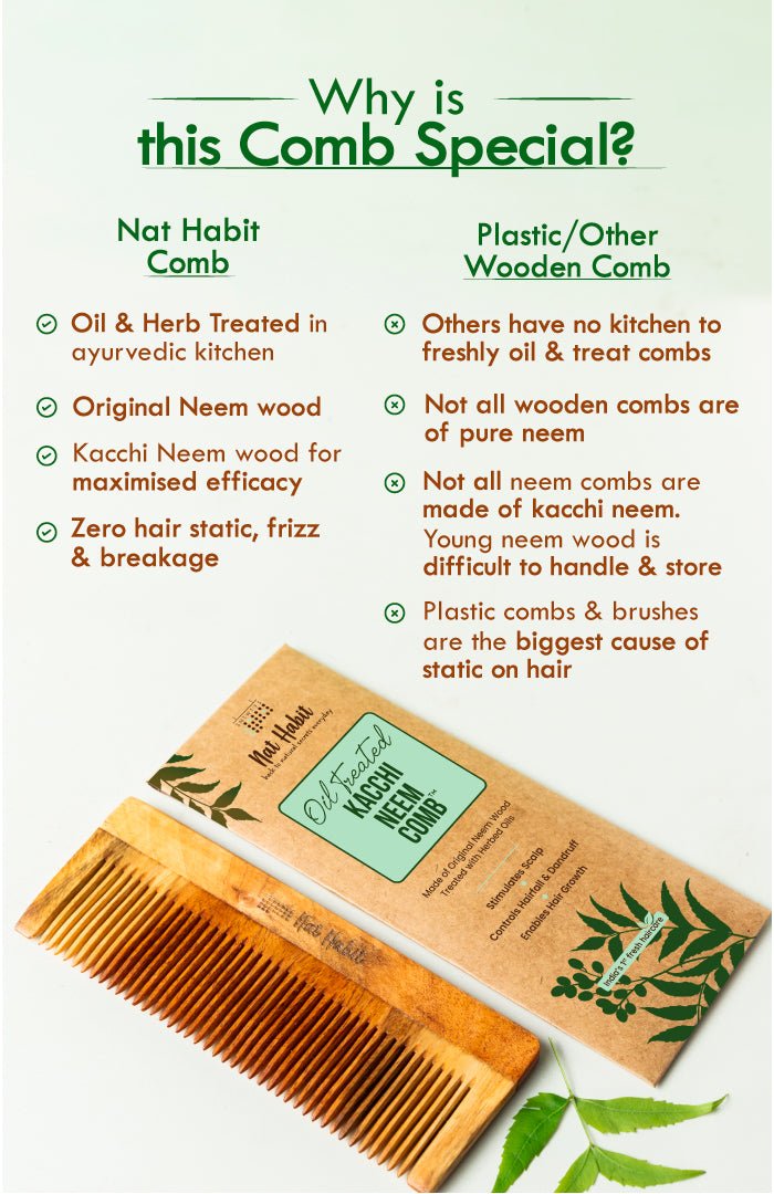<strong>Fine Tooth Kacchi Neem Styling Comb </strong><br><i>Daily Styling, Large Size</i> - Nat Habit