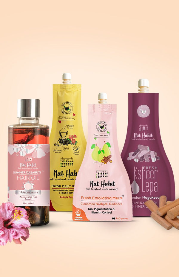 <strong>Hibiscus Amla Hair Oil, Delicate Rose Ubtan, Chandan Nagakesar Lepa & Cinnamon Nashpati Mura Combo</strong> <br><i>Combo Pack of 4</i> - Nat Habit