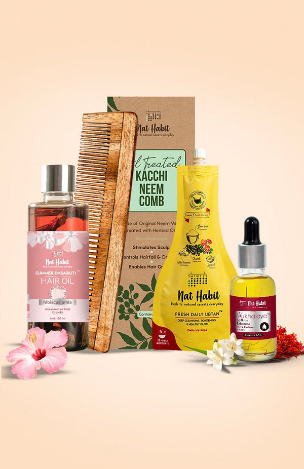 <strong>Hibiscus Amla Hair Oil, Dual Tooth Comb, Delicate Rose Ubtan & Saffron Tuberose Mukhalaya Combo </strong> <br><i>Combo Pack of 4</i> - Nat Habit