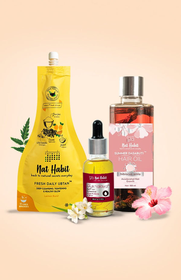 <strong>Hibiscus Amla Hair Oil, Saffron Tuberose Mukhalaya & Delicate Rose Ubtan Combo</strong> <br><i>Combo Pack of 3</i> - Nat Habit