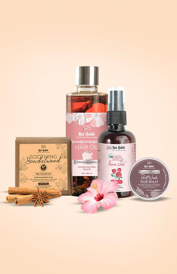 <strong>Hibiscus Amla Hair Oil, Soothing Sandalwood Soap, Pure Gulab Jal & Almond Marula Hair Balm Combo </strong> <br><i>Combo Pack of 4</i> - Nat Habit