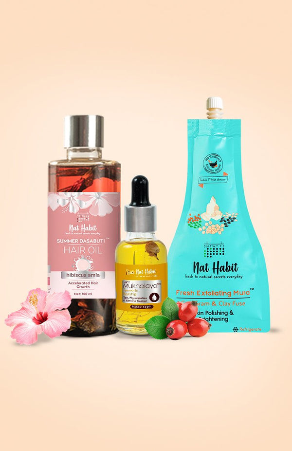 <strong>Hibiscus Amla Hair Oil, Turmeric Rosehip Mukhalaya & Five Gram & Clay Fuse Mura Combo</strong> <br><i>Combo Pack of 3</i> - Nat Habit