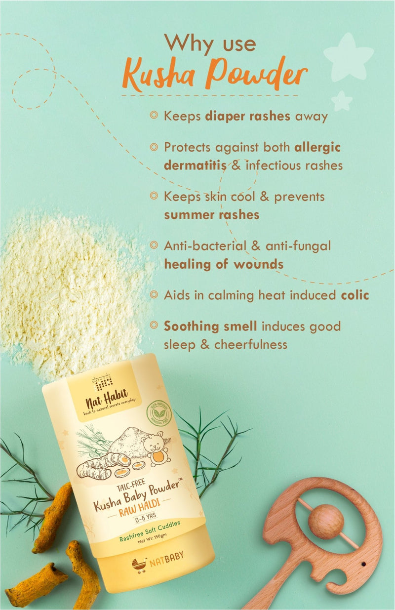<strong>Kusha Baby Powder - Raw Haldi - 150g</strong> <br><i>0-5yrs Rashfree Soft Protection</i> - Nat Habit