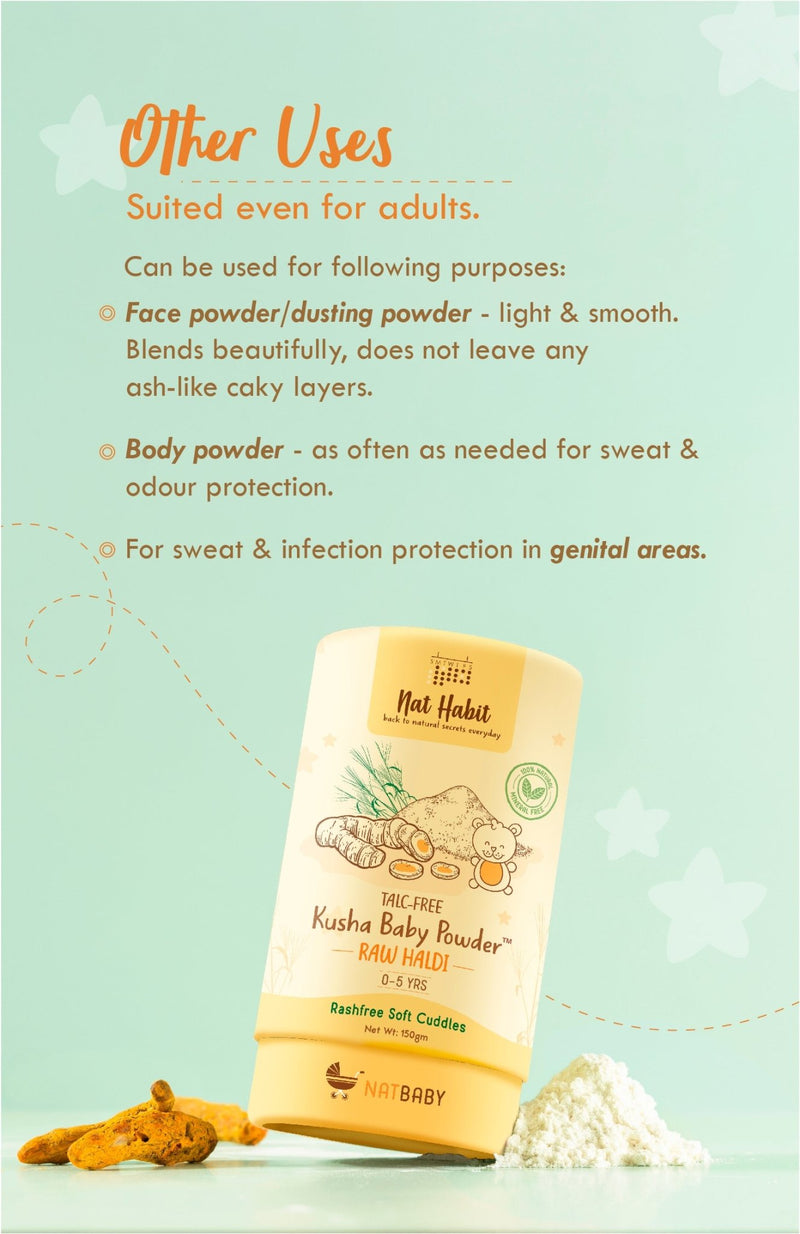 <strong>Kusha Baby Powder - Raw Haldi - 150g</strong> <br><i>0-5yrs Rashfree Soft Protection</i> - Nat Habit