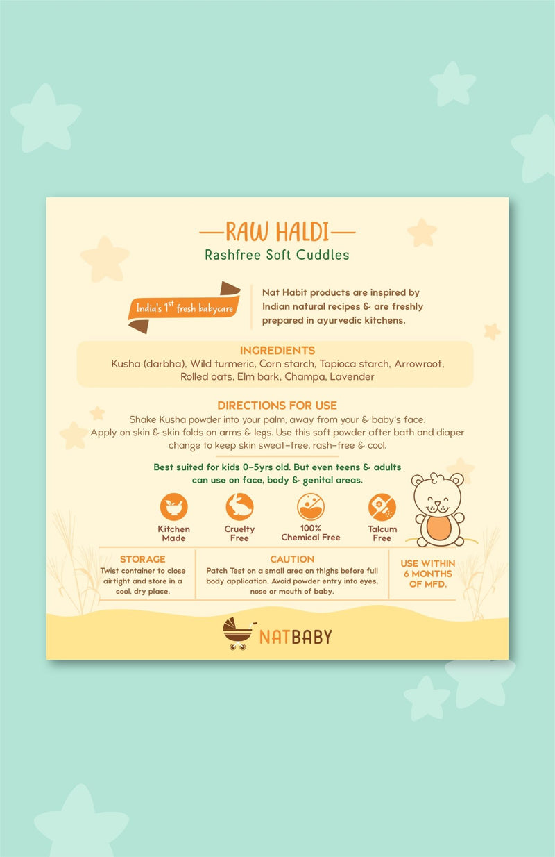 <strong>Kusha Baby Powder - Raw Haldi - 150g</strong> <br><i>0-5yrs Rashfree Soft Protection</i> - Nat Habit