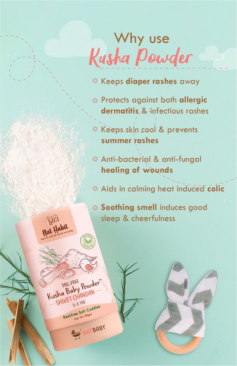 <strong>Kusha Baby Powder - Shwet Chandan - 150g</strong> <br><i>0-5yrs Rashfree Soft Protection</i> - Nat Habit