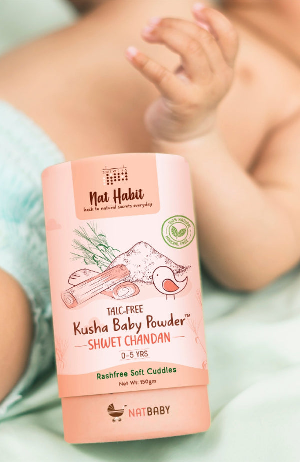<strong>Kusha Baby Powder - Shwet Chandan - 150g</strong> <br><i>0-5yrs Rashfree Soft Protection</i> - Nat Habit