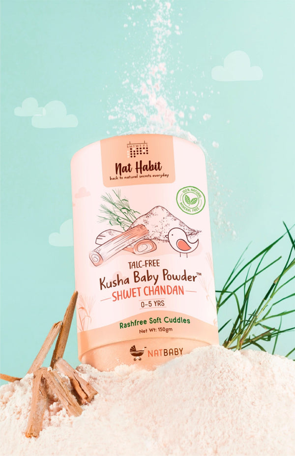 <strong>Kusha Baby Powder - Shwet Chandan - 150g</strong> <br><i>0-5yrs Rashfree Soft Protection</i> - Nat Habit