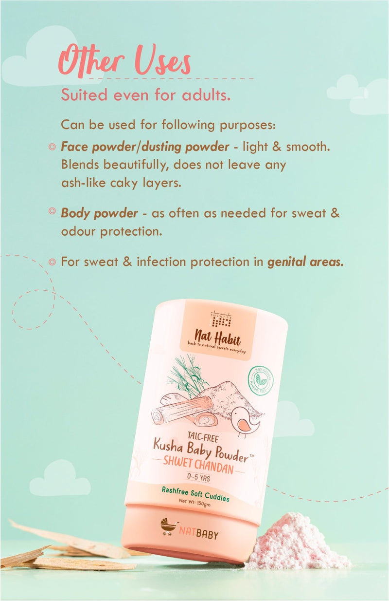 <strong>Kusha Baby Powder - Shwet Chandan - 150g</strong> <br><i>0-5yrs Rashfree Soft Protection</i> - Nat Habit