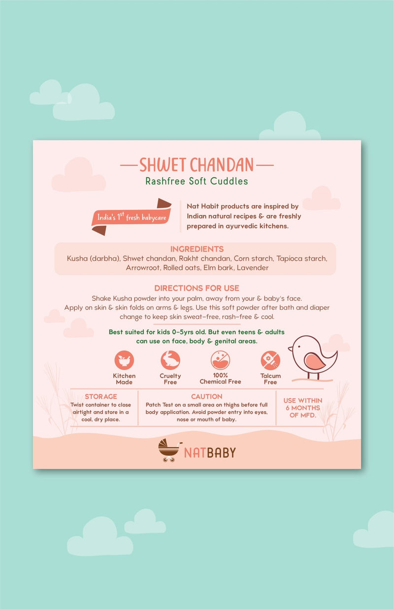 <strong>Kusha Baby Powder - Shwet Chandan - 150g</strong> <br><i>0-5yrs Rashfree Soft Protection</i> - Nat Habit