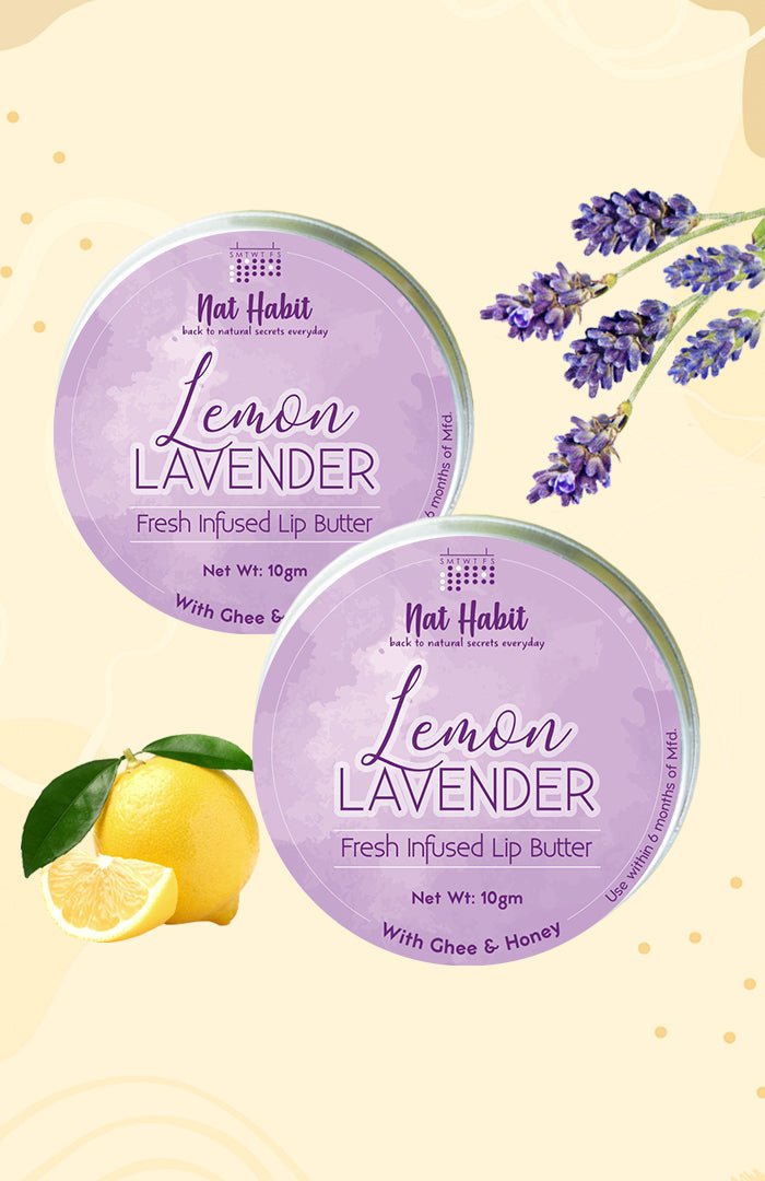 <strong>Lemon Lavender Lip Butter 10g</strong> <br><i>with Fresh Lemon, Lavender,<br>Desi Ghee & Raw Honey</i> - Nat Habit