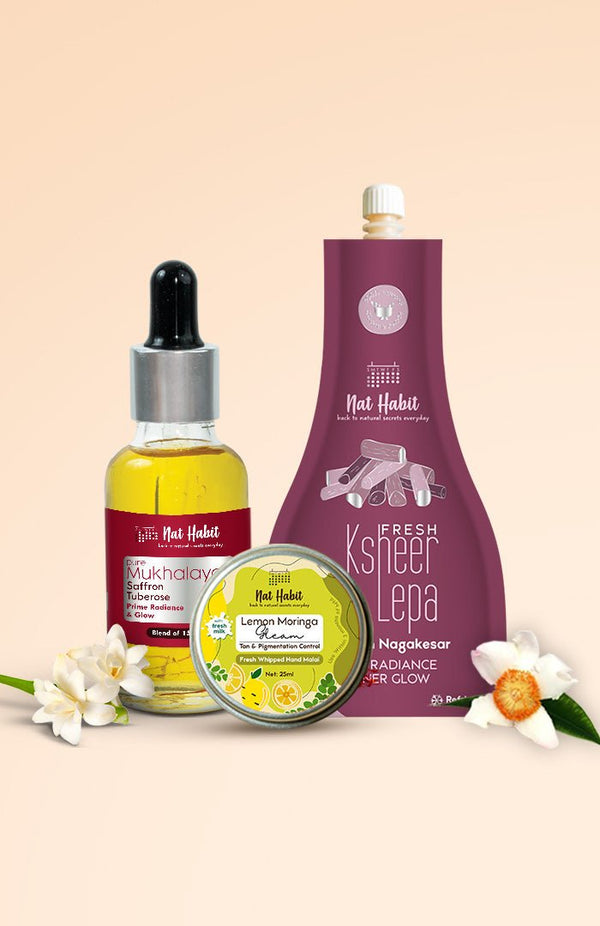 <strong>Lemon Moringa Hand Malai, Chandan Nagakesar Lepa & Saffron Tuberose Mukhalaya Combo</strong> <br><i>Combo Pack of 3</i> - Nat Habit