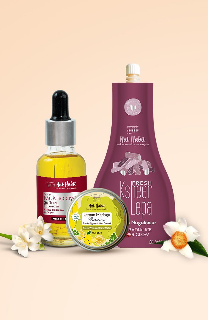 <strong>Lemon Moringa Hand Malai, Chandan Nagakesar Lepa & Saffron Tuberose Mukhalaya Combo</strong> <br><i>Combo Pack of 3</i> - Nat Habit