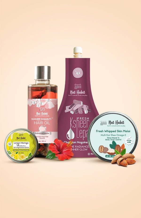 <strong>Lemon Moringa Hand Malai, Hibiscus Amla Hair Oil, Chandan Nagakesar Lepa & Multi Nut Skin Malai Combo</strong> <br><i>Combo Pack of 4</i> - Nat Habit