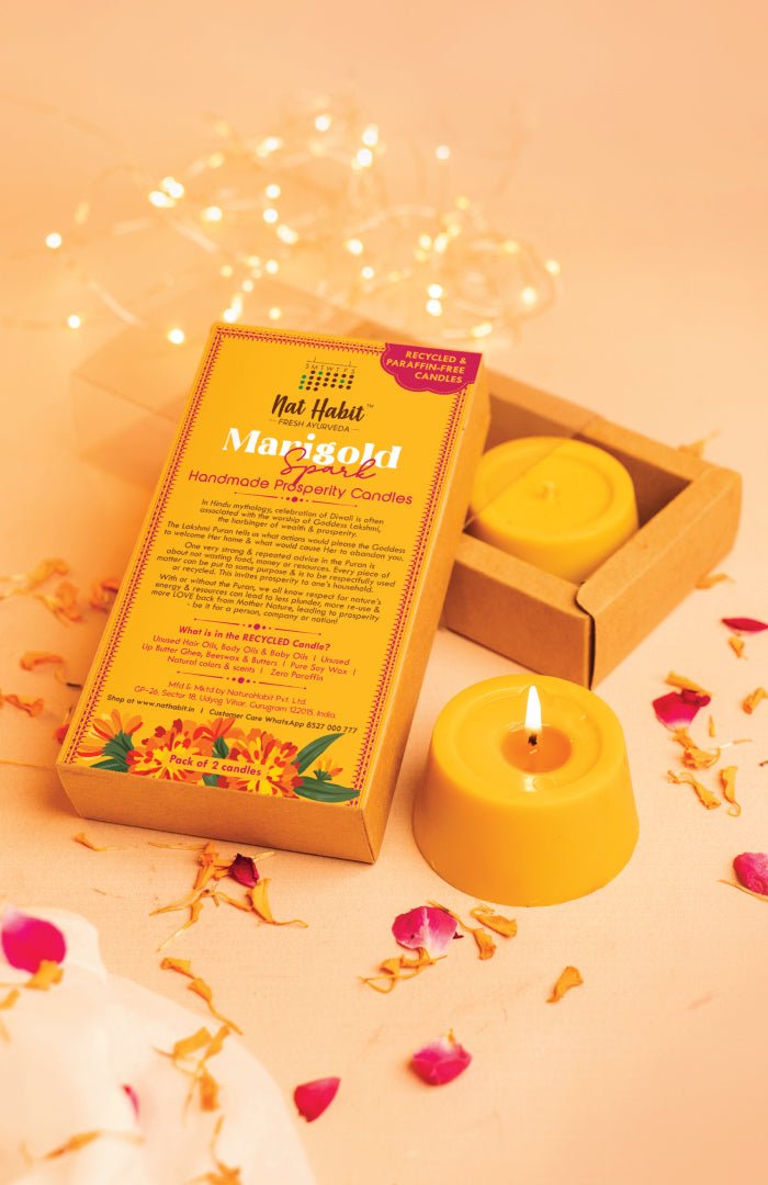 <strong>Marigold Spark Prosperity Candles</strong><br><i>Paraffin-free, Recycled, Puja-pure</i></br> - Nat Habit