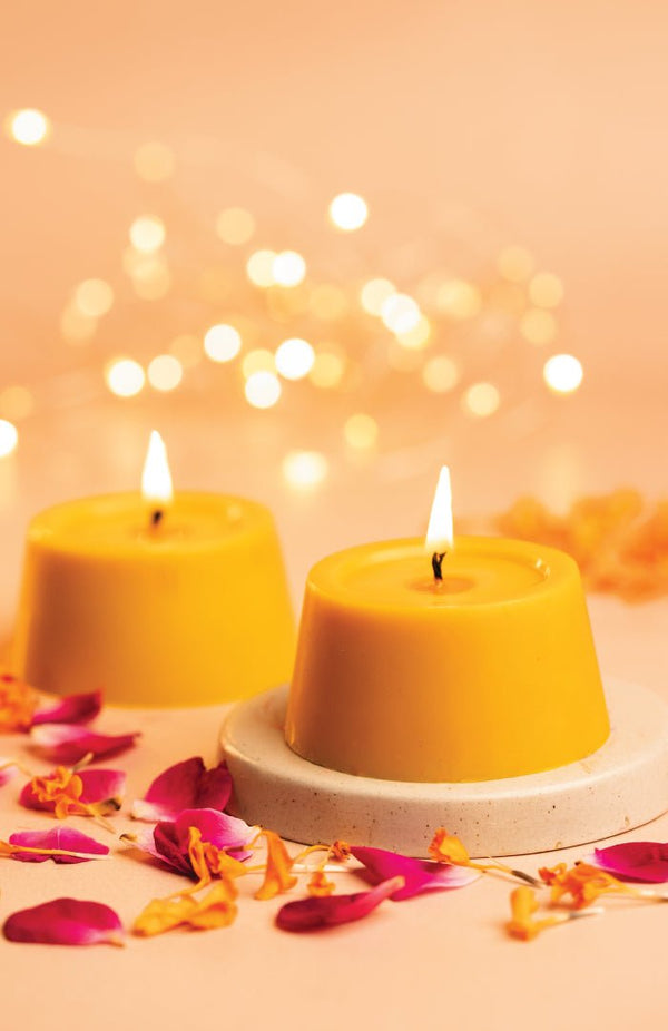 <strong>Marigold Spark Prosperity Candles</strong><br><i>Paraffin-free, Recycled, Puja-pure</i></br> - Nat Habit