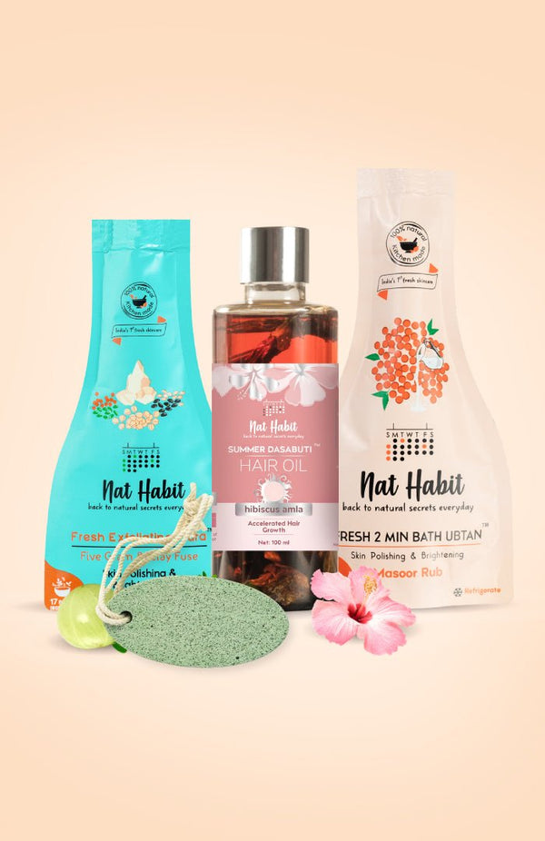 <strong>Masoor Rub Bath Ubtan, Hibiscus Amla Hair Oil, Five Gram & Clay Fuse Mura & Pumice Rub Combo</strong> <br><i>Combo Pack of 4</i> - Nat Habit