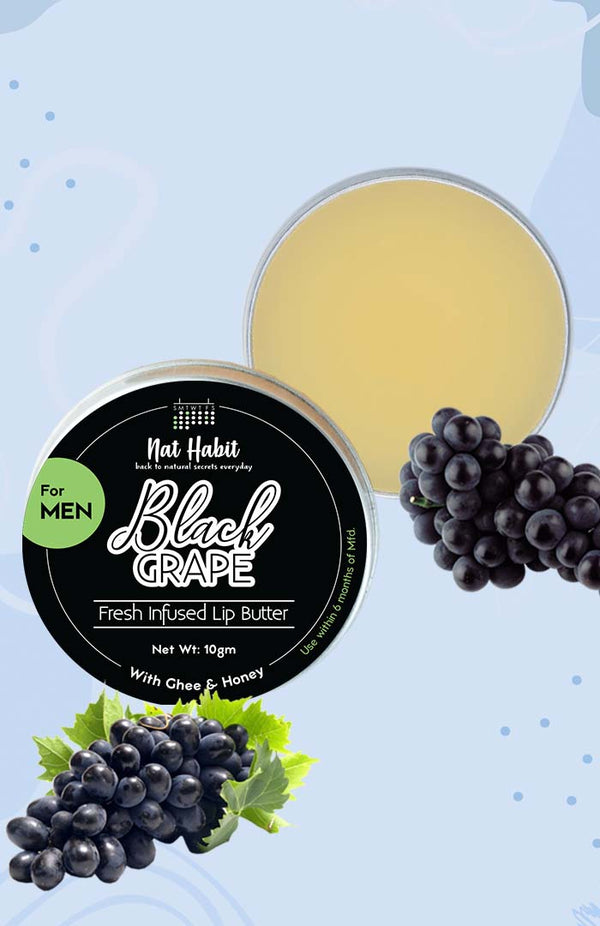 <strong>Men's Black Grape Lip Butter 10g</strong> <br><i>with Black Grape, Grapeseed,<br>Desi Ghee & Raw Honey</i> - Nat Habit