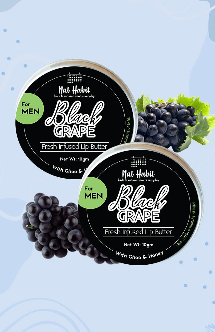 <strong>Men's Black Grape Lip Butter 10g</strong> <br><i>with Black Grape, Grapeseed,<br>Desi Ghee & Raw Honey</i> - Nat Habit