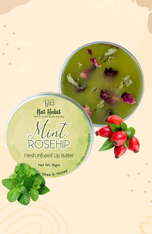 <strong>Mint Rosehip Lip Butter 10g</strong> <br><i>with Fresh Mint Leaves, Rosehip,<br>Desi Ghee & Raw Honey</i> - Nat Habit