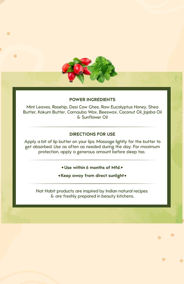 <strong>Mint Rosehip Lip Butter 10g</strong> <br><i>with Fresh Mint Leaves, Rosehip,<br>Desi Ghee & Raw Honey</i> - Nat Habit