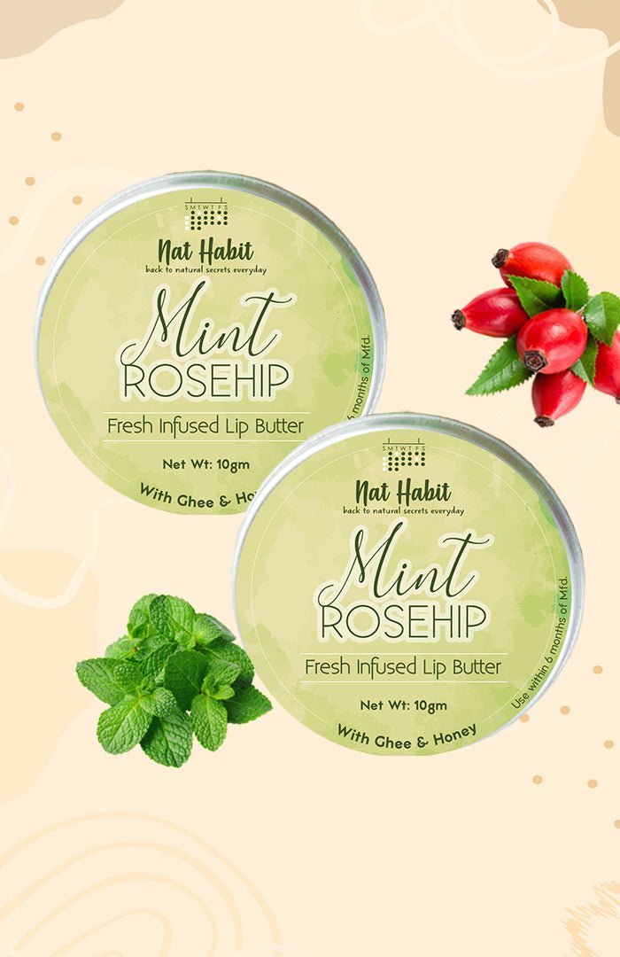 <strong>Mint Rosehip Lip Butter 10g</strong> <br><i>with Fresh Mint Leaves, Rosehip,<br>Desi Ghee & Raw Honey</i> - Nat Habit
