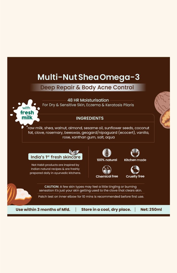 <strong>Multi-Nut Shea Omega-3 Fresh Malai Lotion</strong> <br><i>deep repair & body acne control | 48 HR moisture</i> - Nat Habit