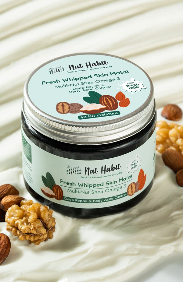 <strong>Multi-Nut Shea Omega-3 Skin Malai 200ml</strong> <br><i>for dry skin & body acne | 48 HR moisture</i> - Nat Habit