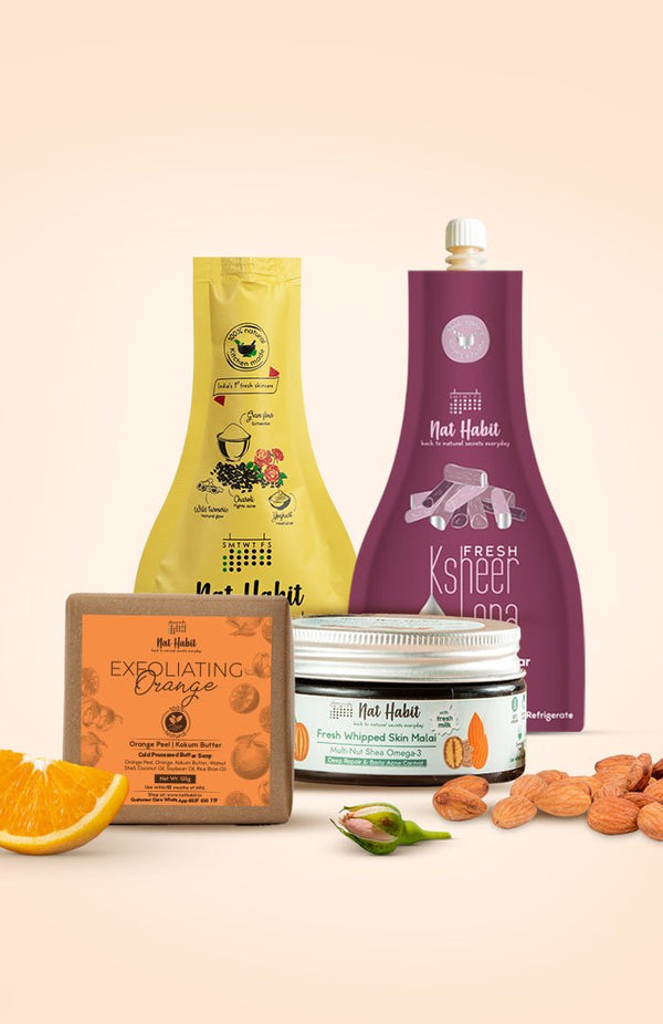 <strong>Multi Nut Skin Malai, Chandan Nagakesar Lepa, Delicate Rose Ubtan & Exfoliating Orange Soap Combo</strong> <br><i>Combo Pack of 4</i> - Nat Habit