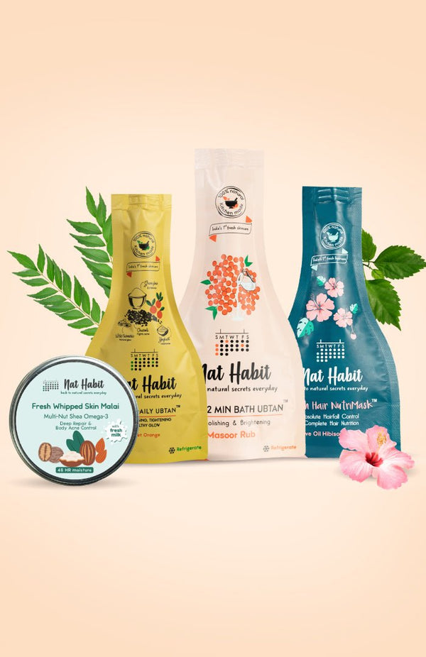 <strong>Multi-Nut Skin Malai, Masoor Rub Bath Ubtan, Five Oil Hibiscus NutriMask & Sweet Orange Ubtan Combo</strong> <br><i>Combo Pack of 4</i> - Nat Habit