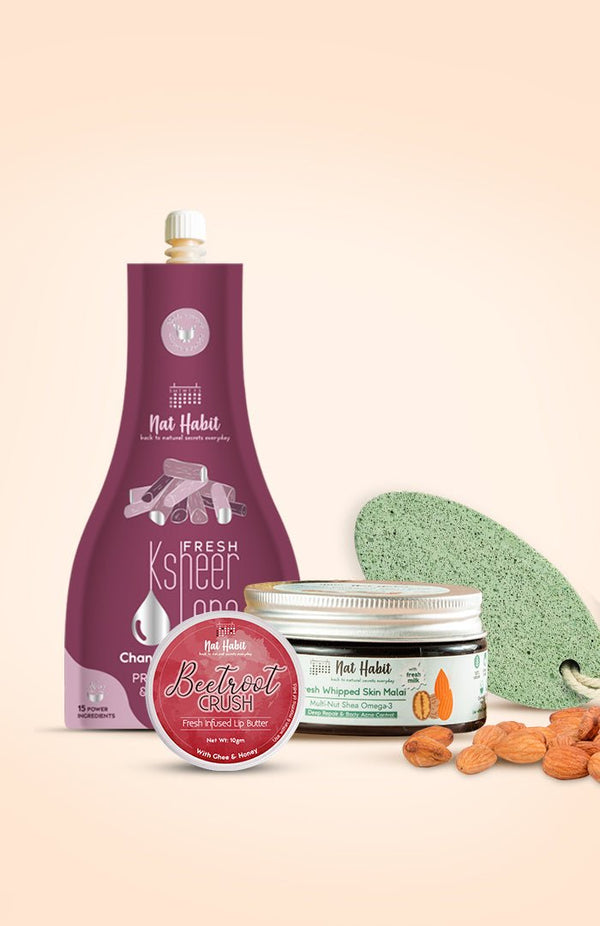 <strong>Multi Nut Skin Malai, Pumice Rub, Beetroot Crush Lip Butter & Chandan Nagakesar Lepa Combo</strong> <br><i>Combo Pack of 4</i> - Nat Habit