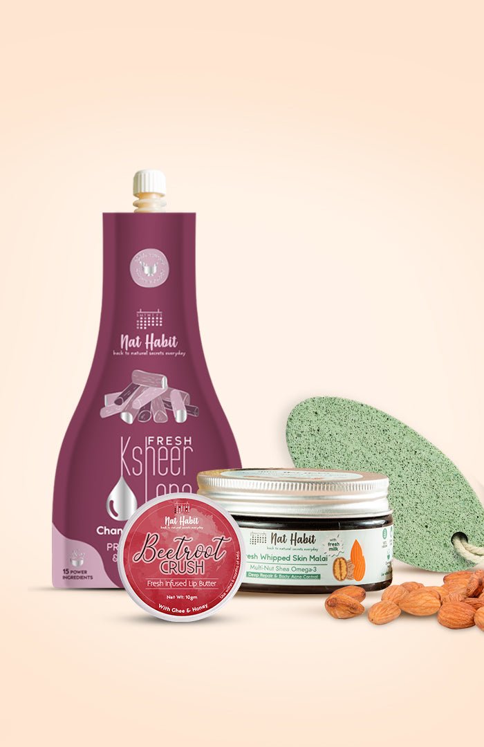 <strong>Multi Nut Skin Malai, Pumice Rub, Beetroot Crush Lip Butter & Chandan Nagakesar Lepa Combo</strong> <br><i>Combo Pack of 4</i> - Nat Habit
