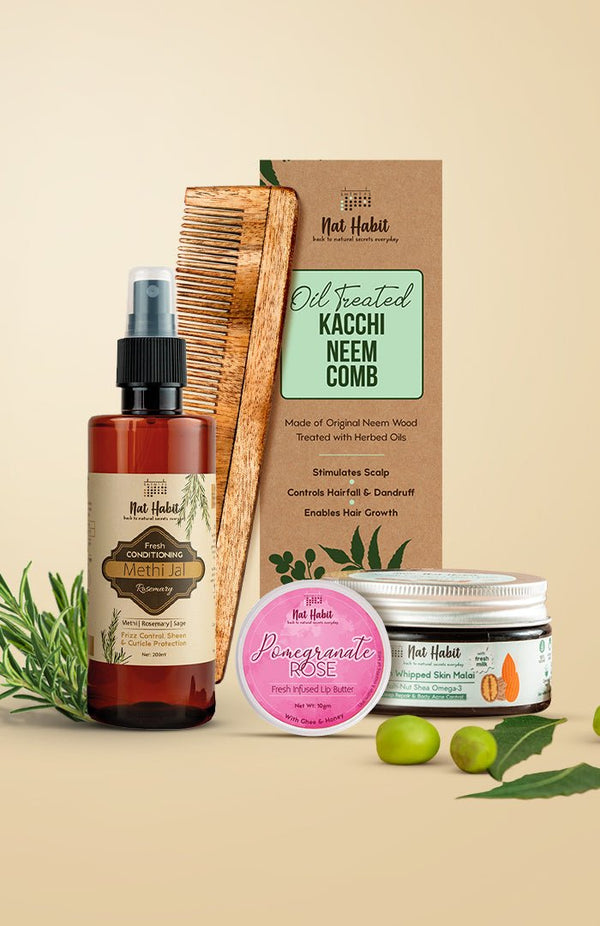 <strong>Multi Nut Skin Malai, Rosemary Methi Jal, Dual Tooth Comb & Pomegranate Rose Lip Butter Combo </strong> <br><i>Combo Pack of 4</i> - Nat Habit