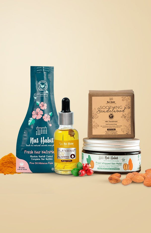<strong>Multi Nut Skin Malai, Soothing Sandalwood Soap, Five Oil Hibiscus NutriMask & Turmeric Rosehip Mukhalaya Combo </strong> <br><i>Combo Pack of 4</i> - Nat Habit
