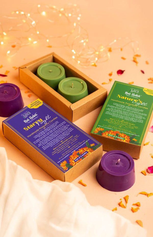 <strong>Nature's Light & Starry Night Prosperity Candles</strong><br>Combo Pack<br><i>Paraffin-free, Recycled, Puja-pure</i></br> - Nat Habit